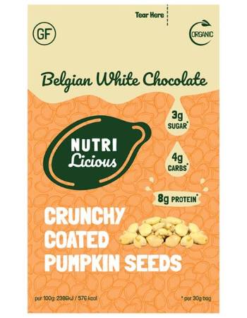 NUTRILICIOUS WHITE CHOCOLATE COATED PUMPKIN SEEDS 30G