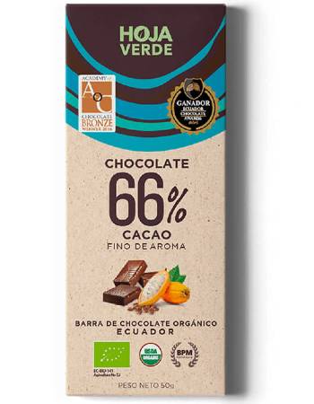 HOJA VERDE 66% ORGANIC CHOCOLATE BAR 50G