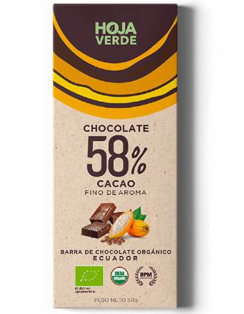 HOJA VERDE 58% ORGANIC CHOCOLATE BAR 50G